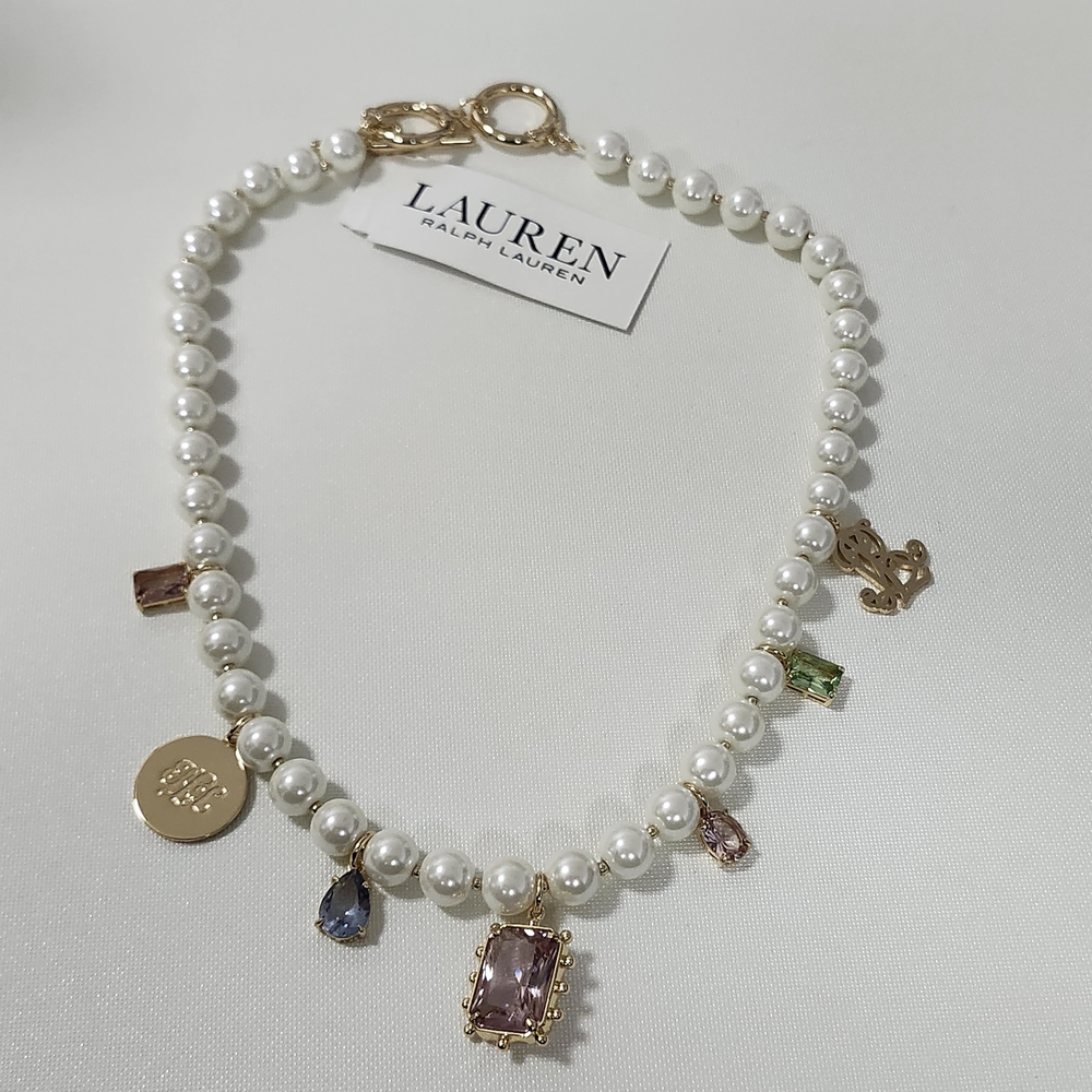 NWT Ralph Lauren Gold-Tone Imitation Pearl & Stone Dangle 16" Collar Necklace